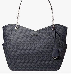 Michael Kors Black PVC Jet Set Travel Large Silver Chain Shoulder Tote Bag